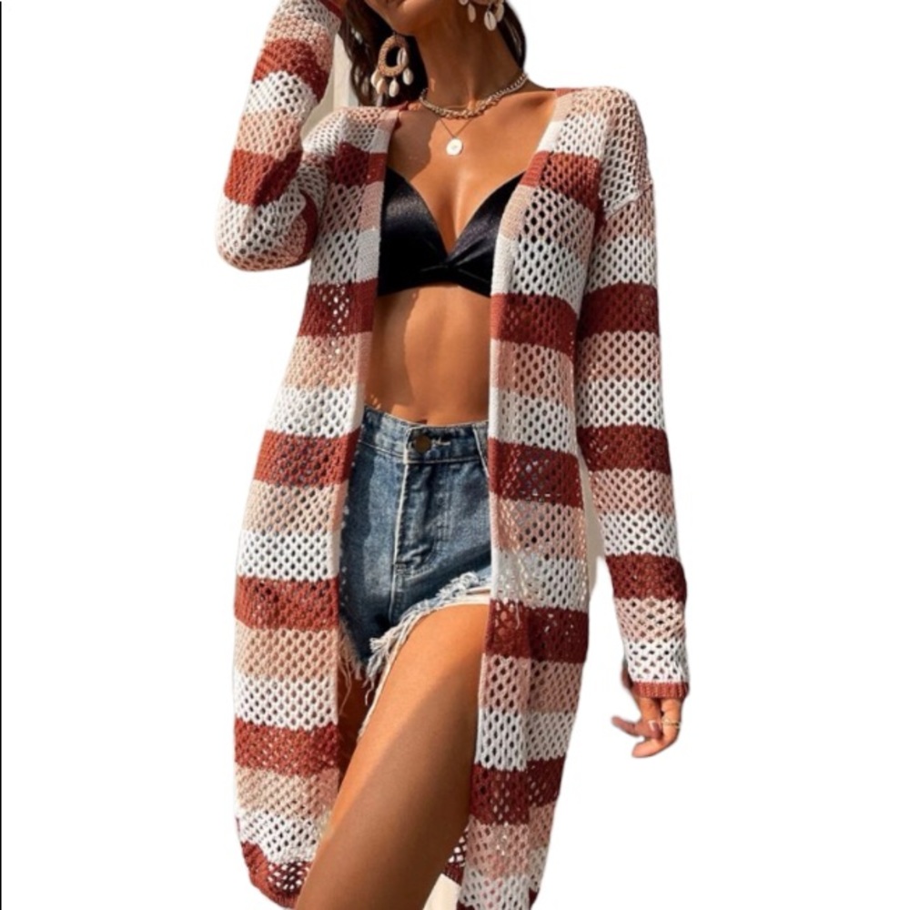 Striped Long Line Open Knit Cardigan - Picture 2 of 3